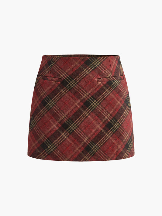 Mid-Waist Side-Zipper Checked Skirt 