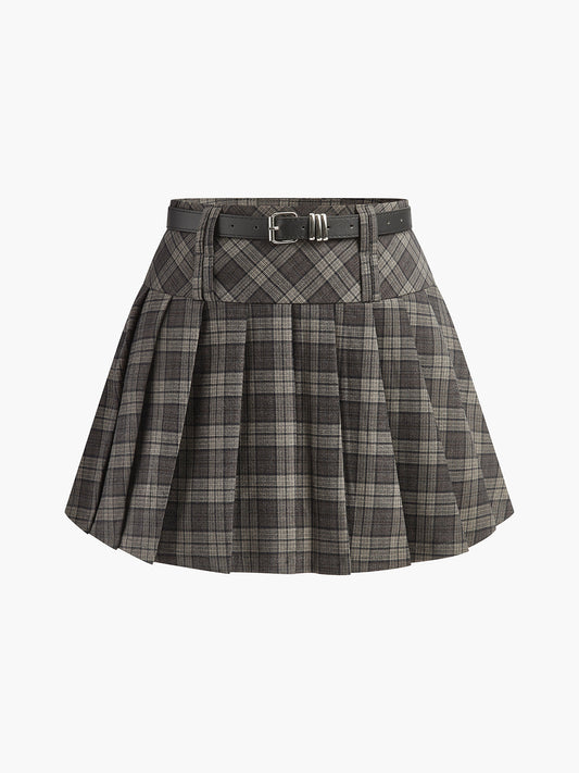 Mid-Waist Checked Pleated Skirt With Belt