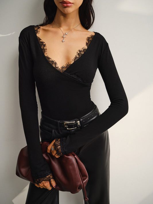 V-Neck Lace Trim Skinny Jersey Top