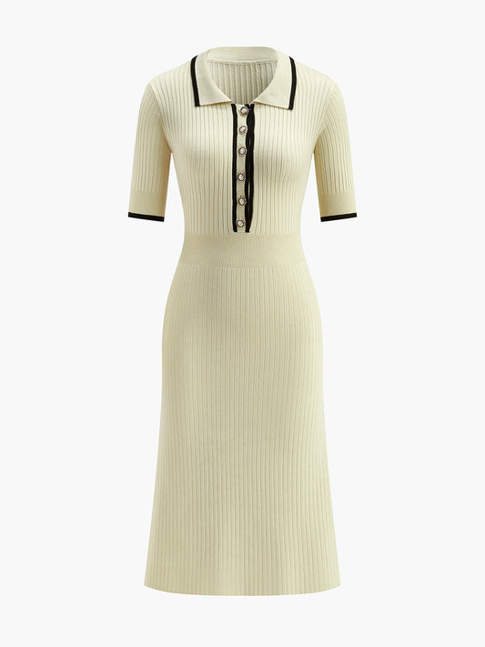 Contrast Trim Collared Rib Knit Short Sleeve Midi Dress 