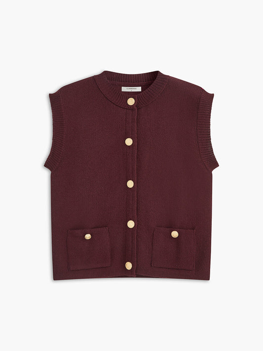 Crew Neck Metal Button Sweater Vest 