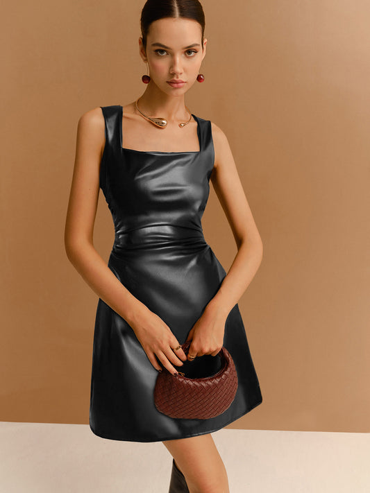 Faux Leather Zipper Strappy Dress