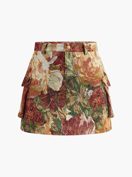 Mid-Waist Pockets Floral Skirt