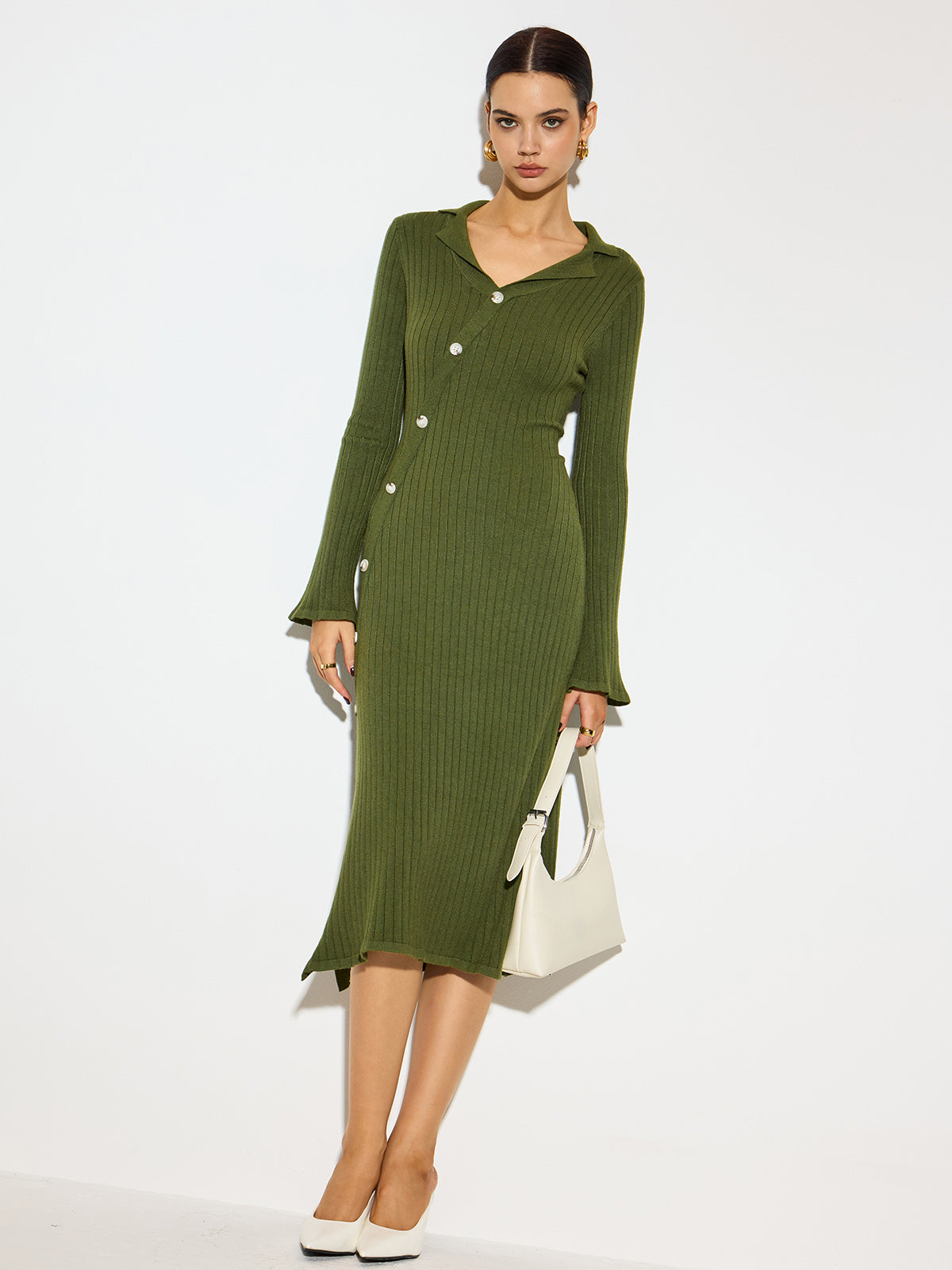 V-Neck Lapel Sweater Midi Dress 