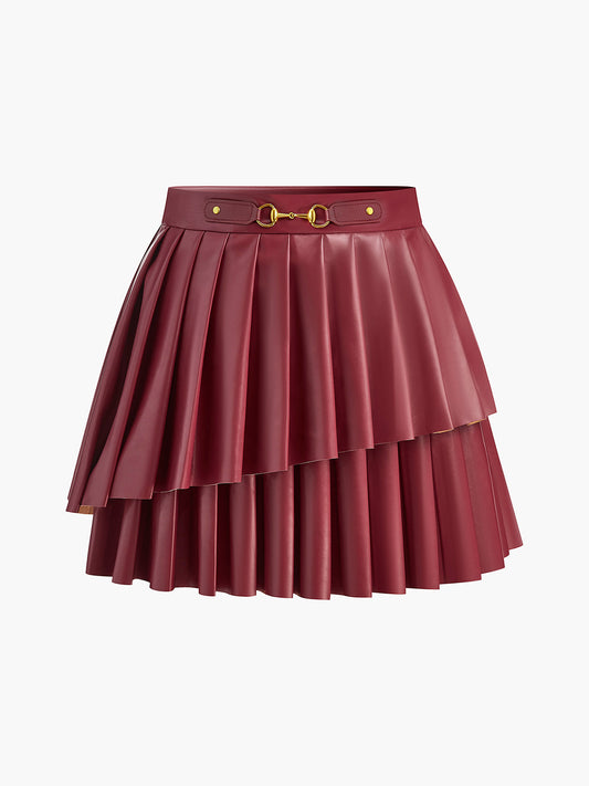 High-Waist Metal-Detail Asymmetrical Pleated Skirt