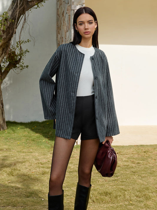 Pinstripe Button Blazer With Tassel Scarf