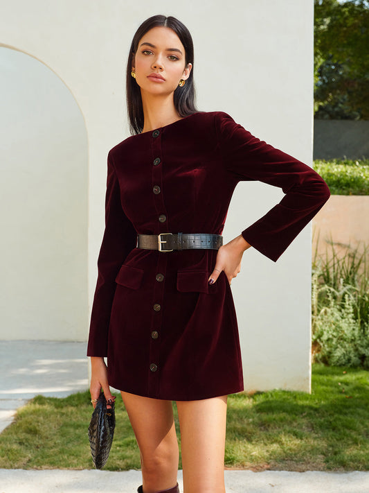 Velvet Button Short Dress With Belt