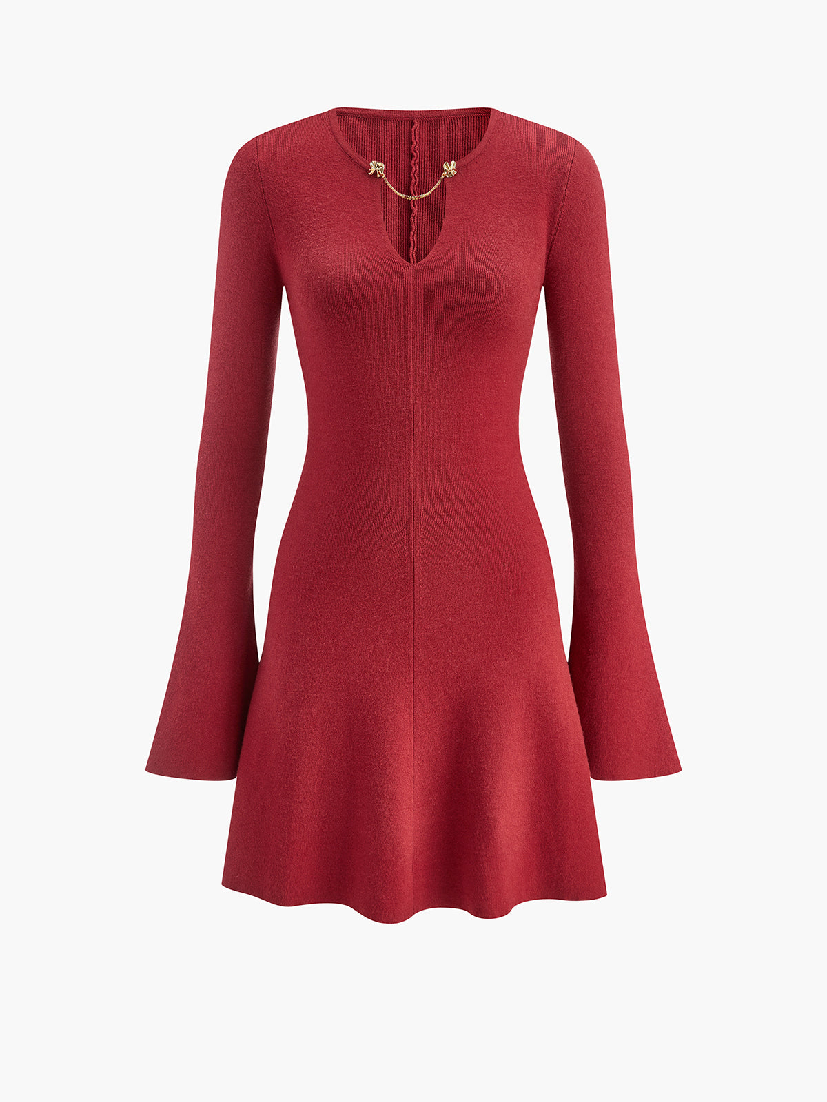 Metal-Detail Bell Sleeve Sweater Short Dress