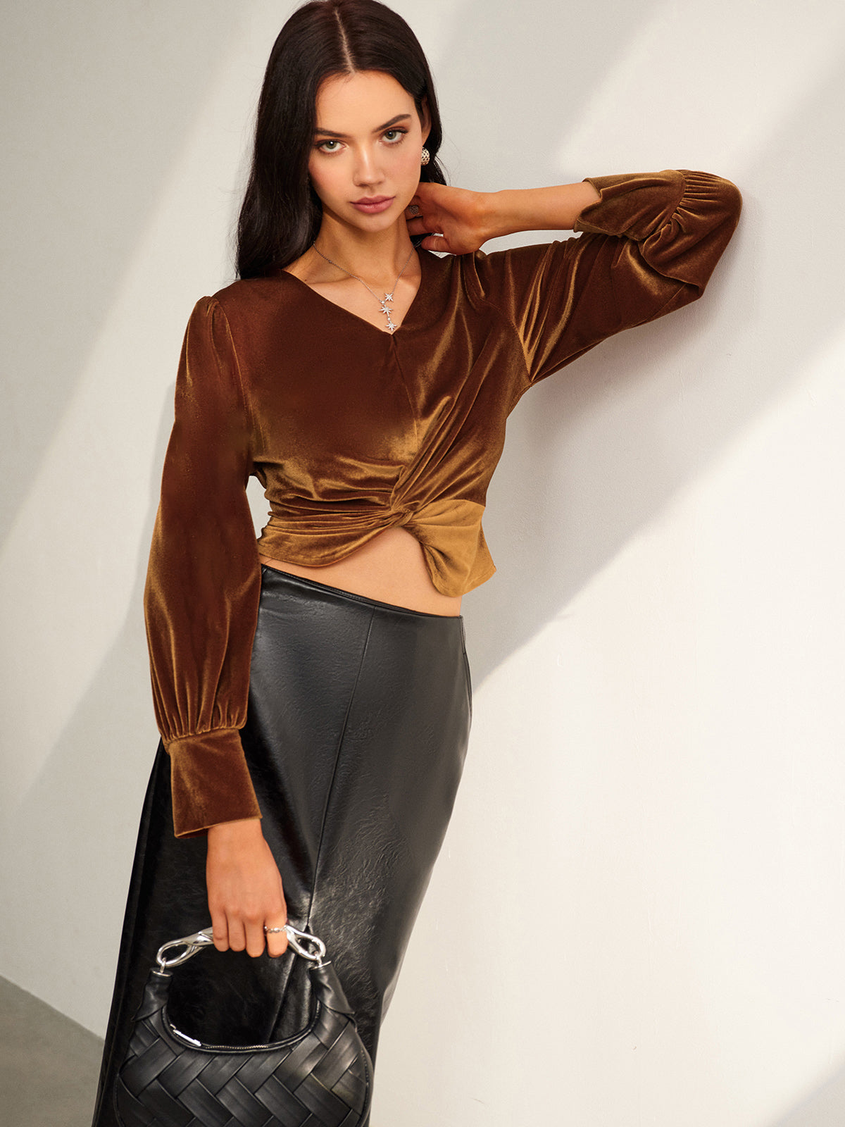 Velvet Pleated Slim Blouse 