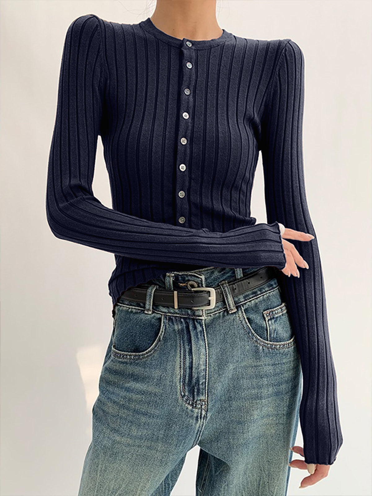 Round Neck Button Skinny Knit Top 