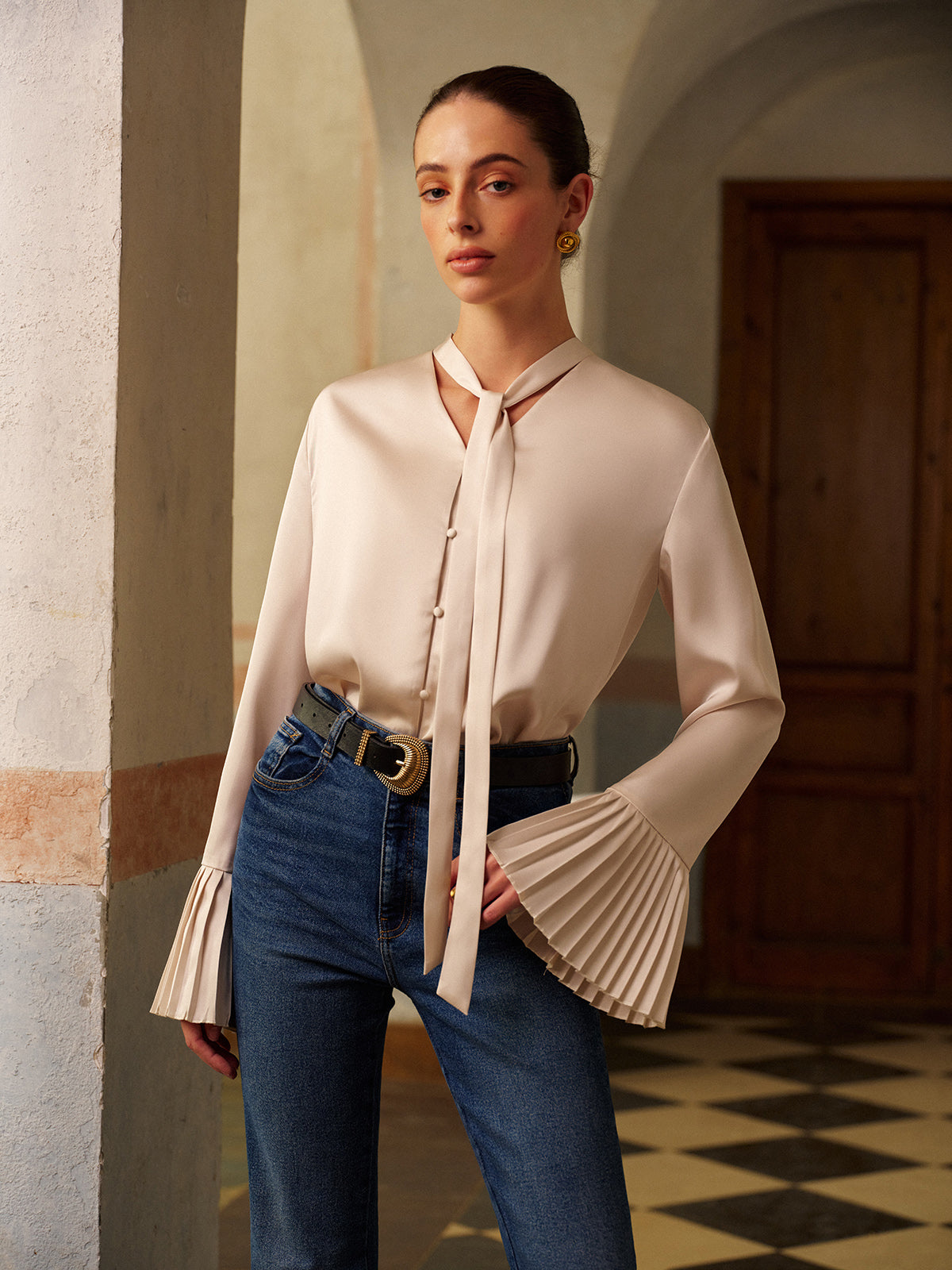 V-Neck Satin Pleated Shirt With Ribbon