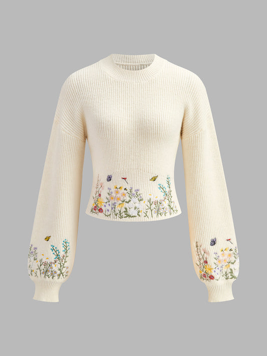 Leg-Of-Mutton Sleeve Embroidery Cinched Sweater